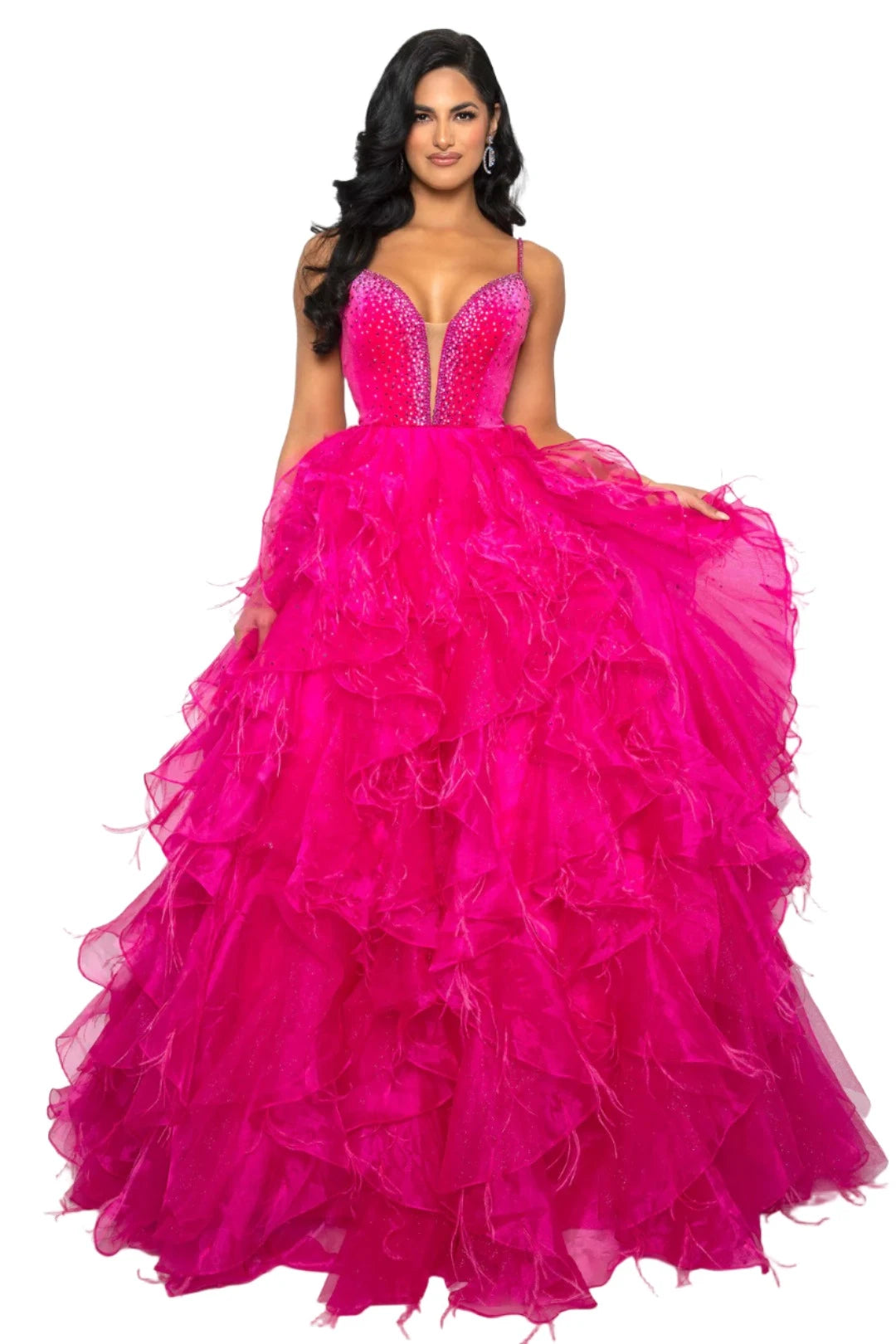 Seasonal Clearance Ava Presley 39554 Size 0,4,8,12 Fuchsia Feather Velvet Dress A Line Ruffle Ballgown V Neck Formal Pageant Prom