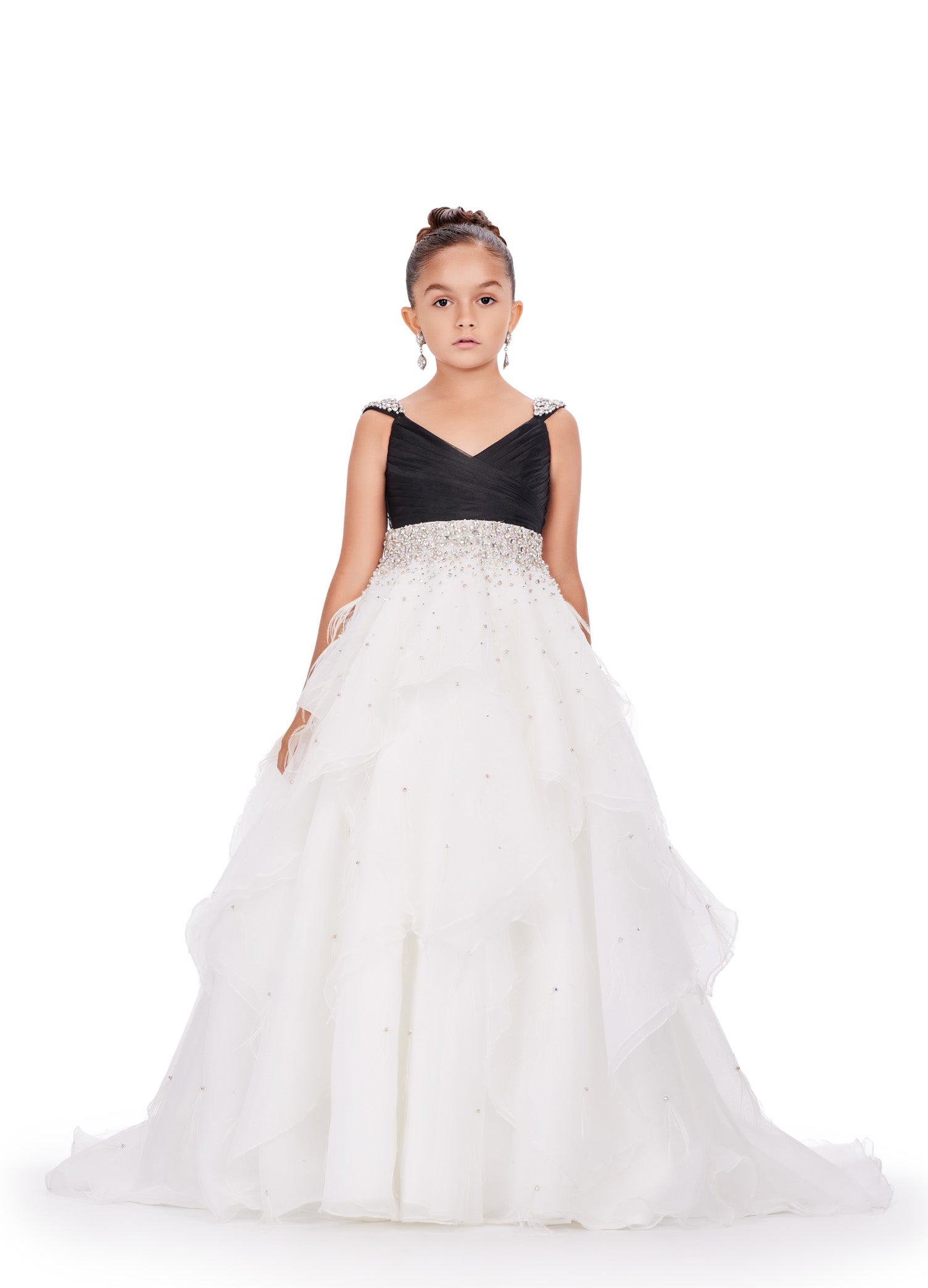 Limited Stock Ashley Lauren Kids 8219 Size 8 Black Ivory Girls Layered Feather Pageant Dress ballgown Embellished V Neck Gown