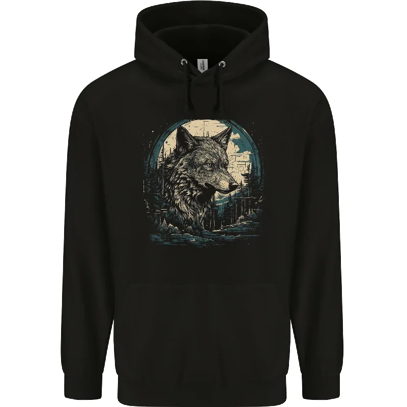 Inventory Reduction Tribal Wolf With the Moon Werewolf Lycan Mens 80% Cotton Hoodie