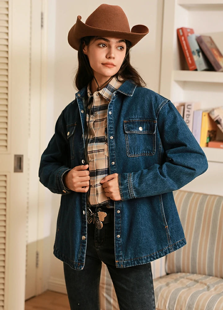 Hurry In Women's Flannel-Lined Denim Shirt Jacket,Snap Jean Shacket