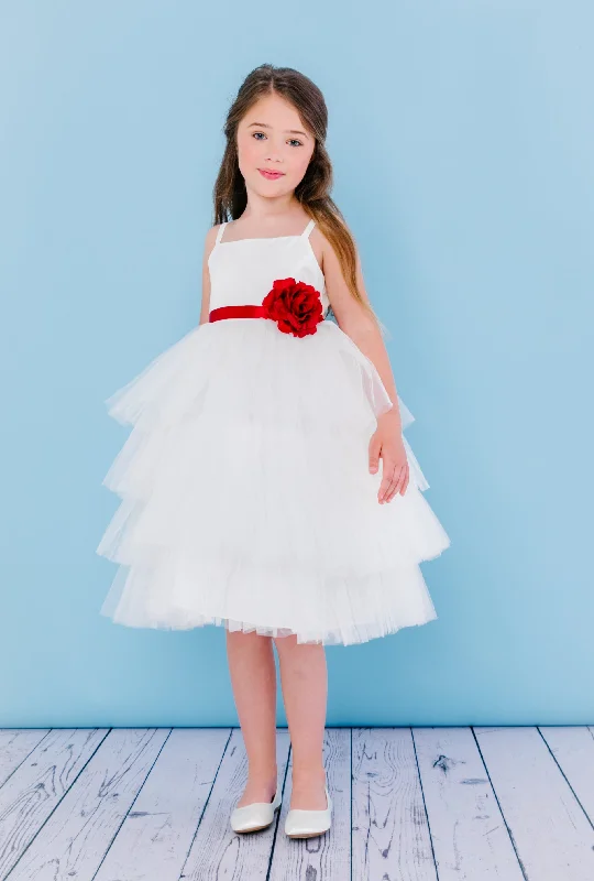 Sneak Peek Sale Rosebuds 5117 Size 4 Ivory Tea Length Layered Flower Girl Dress Flower Ribbon Ruffle