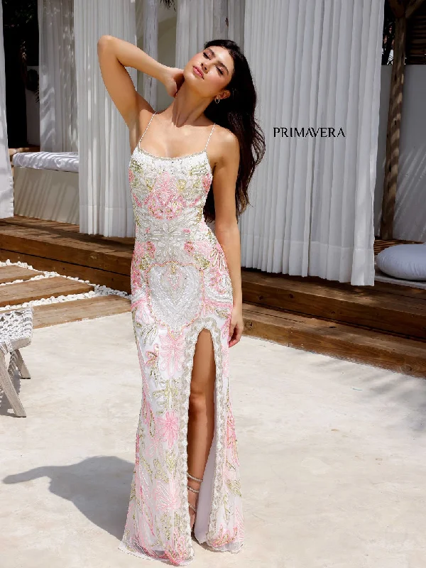 Overstock Primavera Couture 4156 Size 10 Ivory Coral Long Prom Dress Scoop Neck Fitted Sequin Lace Up Back High Slit Formal Pageant Gown