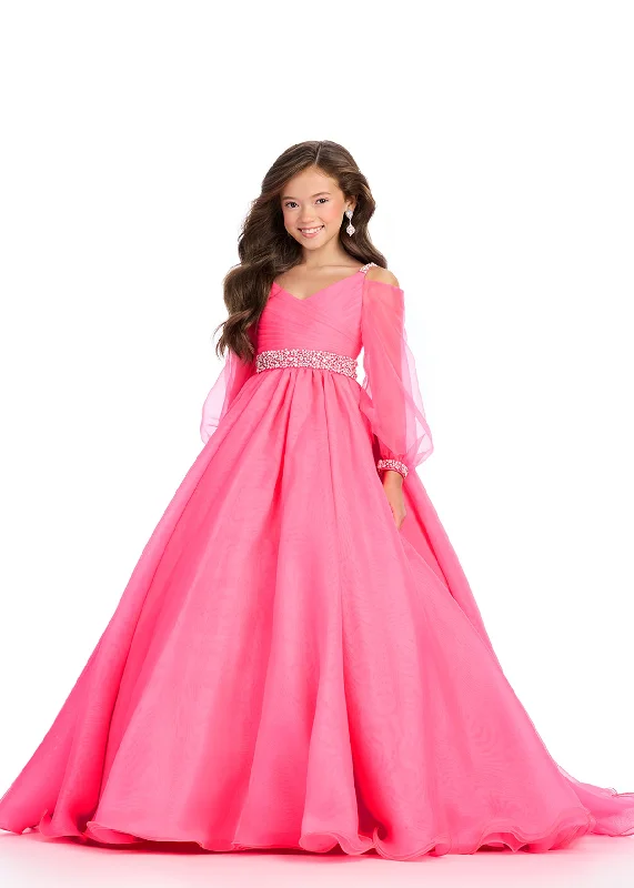 Price Fest Ashley Lauren Girls 8273 Size 10 Hot Pink Organza long sleeve ballgown Pageant Dress off the shoulder Formal Kids