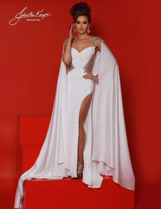 Year-End Sale Johnathan Kayne 2879 Size 8 White Long Pageant Dress Velvet Cap Sleeve Cutout Open Back Slit Train Formal Pageant Gown