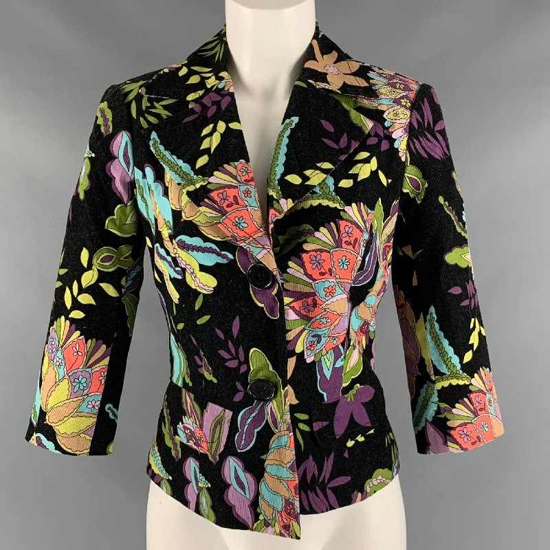 Flash Sale TRINA TURK Size 2 Black Multicolour Cotton 3/4 Sleeves Jacket