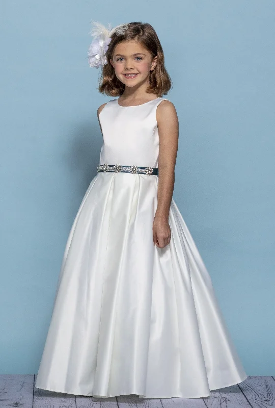 Special Buy Rosebuds 5139 Size 4 Ivory Long Pleated Satin Flower Girl Dress Bling Belt First Communion