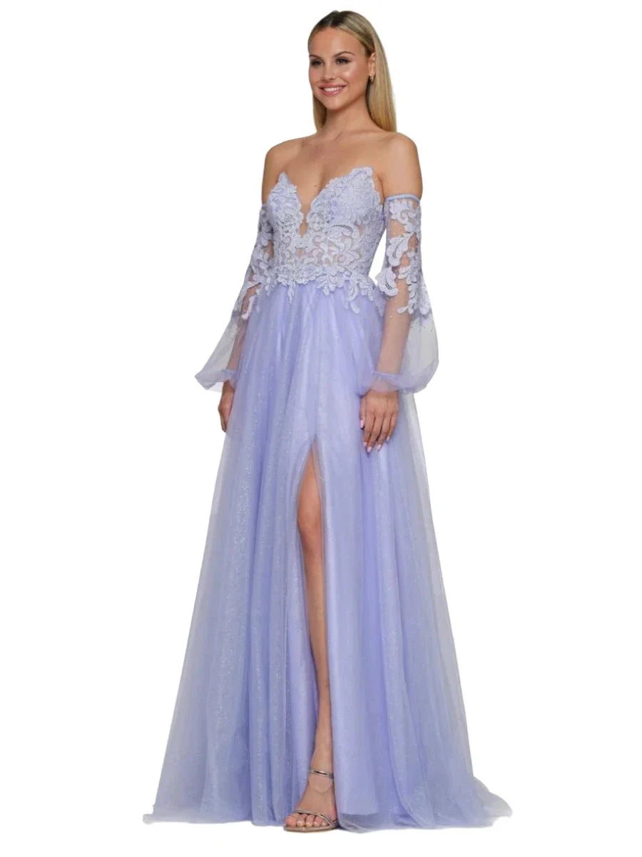 Blowout Sale Colors 2337 Size 0,6 Lilac Prom Dress Sheer Lace A Line Long Sleeve Shimmer Slit Corset Formal Gown