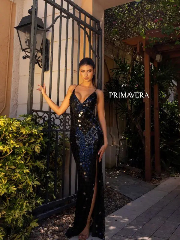Super Bargain Primavera Couture 4151 Size 10 Black Long Prom Dress Fitted Glass Cut Beads Lace Up Back V Neck Formal Pageant Gown