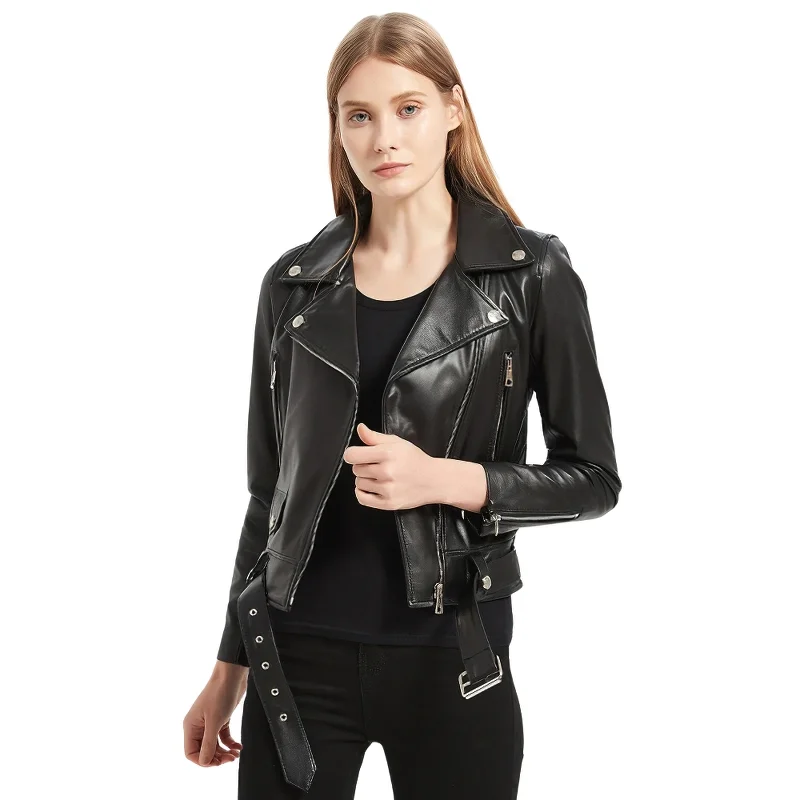 Midnight Sale Sheepskin Leather Jacket with Sashes / Women's Slim Jacket