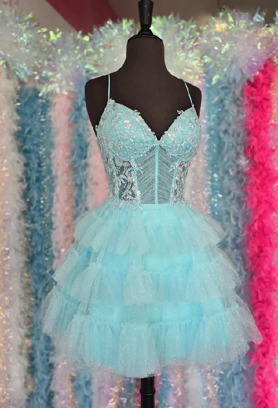 One-DAY Sale Colors 3346 Size 8 Mint Short Ruffle Layer Short dress A Line Lace Corset Pleated Fit & Flare Gown Formal