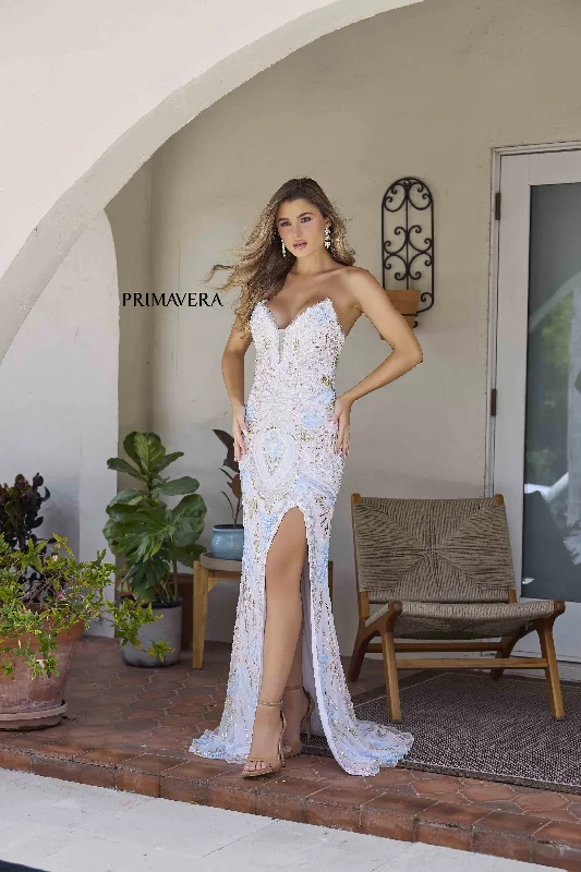Big Discounts Primavera Couture 4382 Size 2, 8 Ivory Long Beaded Prom Dress Strapless Corset Slit V Neck Formal Evening Gown