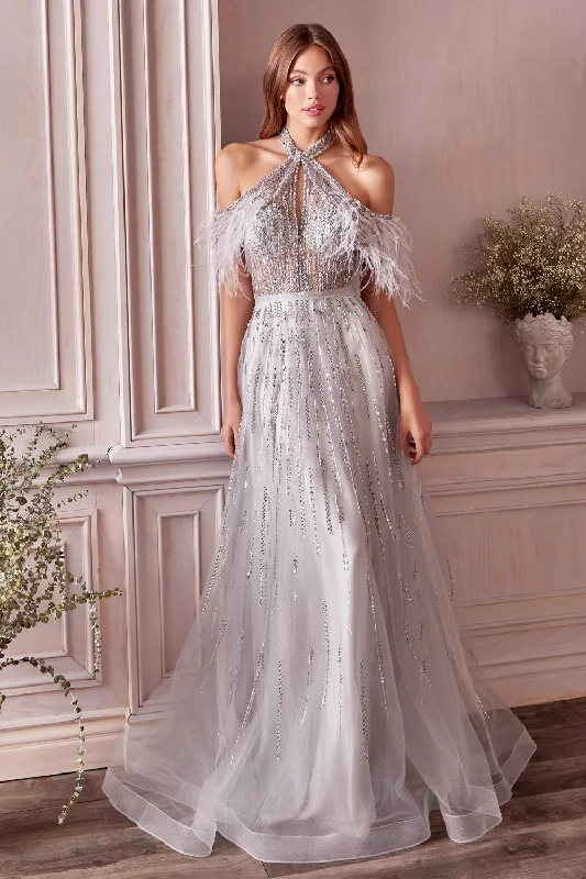 Huge Savings Andrea & Leo ANASTASIA A1023 Evening Gown Size 8 Silver A Line Sheer Feather Beaded off Shoulder
