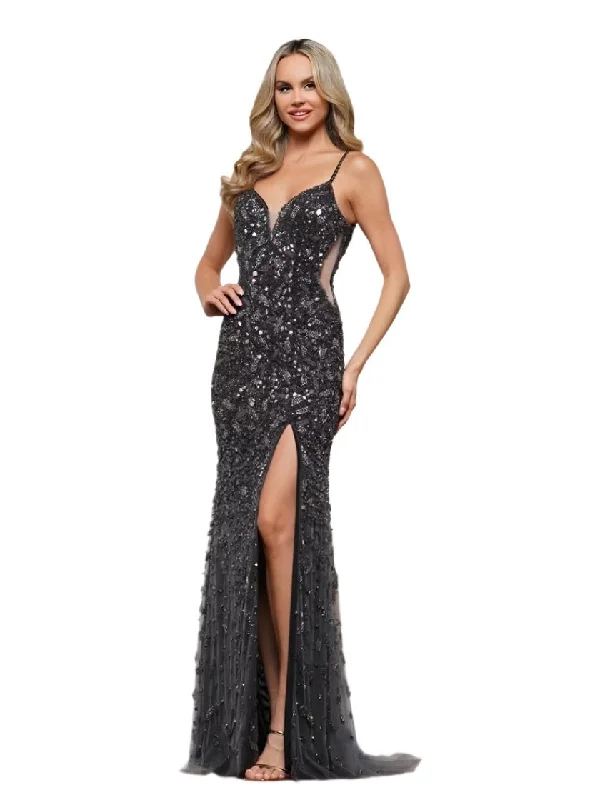 Crazy Savings Colors Dress 3387 Size 2,10,14 Gunmetal Fully Beaded Formal Prom Dress Evening Gown Slit V Neck Crystal