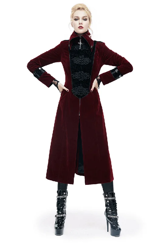 Weekend Flash Sale Women Embossed Long Red Coat In Gothic Style / High Collar Alternative Fashion Outerwear