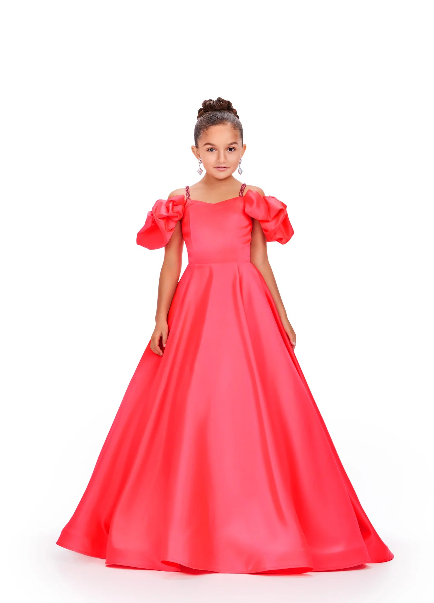 Hurry In Ashley Lauren Kids 8256 Size 4 Watermelon Girls Satin A Line Puff Sleeve Pageant Dress off the shoulder Ballgown