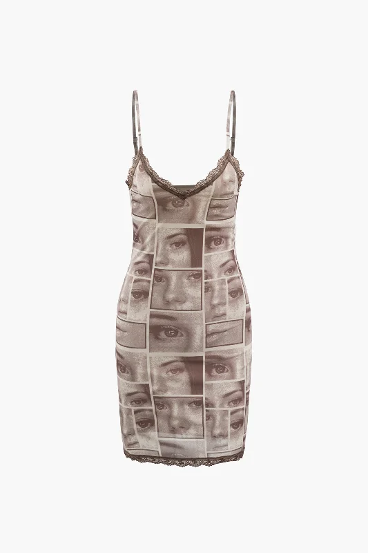 Deal Alert Face Graphic V-neck Lace Trim Mini Dress