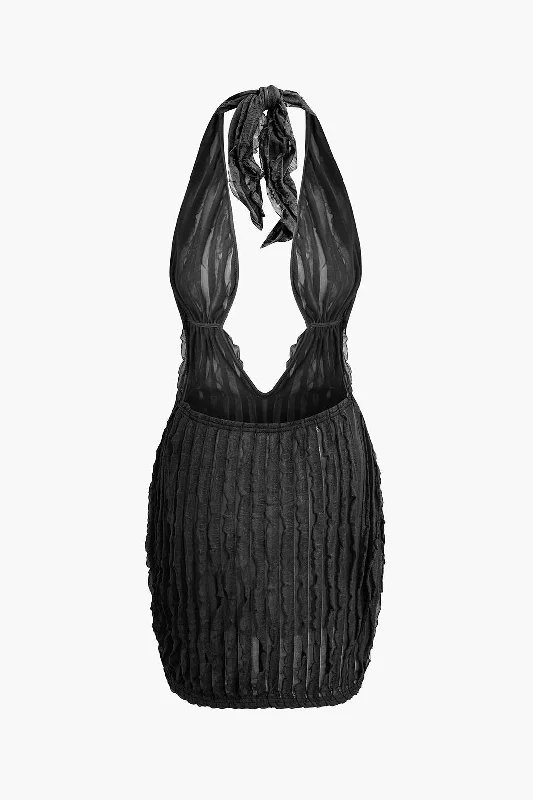 Special Price Ruffled Halter Backless Deep V-neck Mini Dress