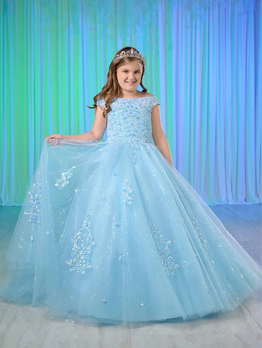 Weekend Deal Tiffany Princess 13764 Size 6 Sky Girls Pageant Dress Off the shoulder Sequin Shimmer Ball Gown