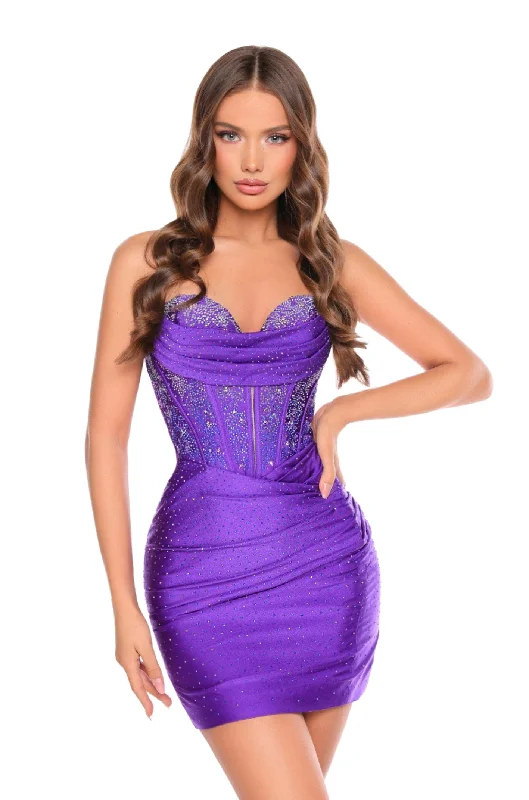 Hot Deal Amarra 88001 Size 0 Purple Short Crystal Fitted Homecoming Dress Corset Jersey Strapless Cocktail Gown