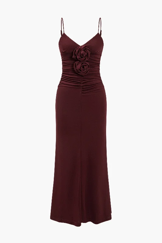 TIME-Limited Offer Solid Appliques Ruched Slip Midi Dress