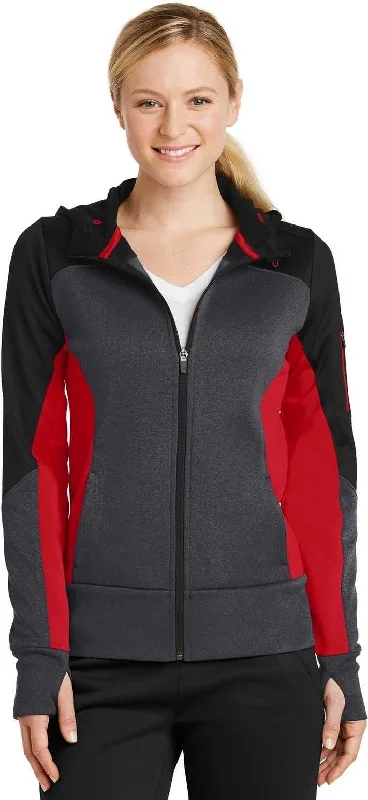Great Deals Sport-Tek LST245 Ladies Tech Fleece Colorblock Full-Zip Hooded Jacket - Black Graphite Heather True Red