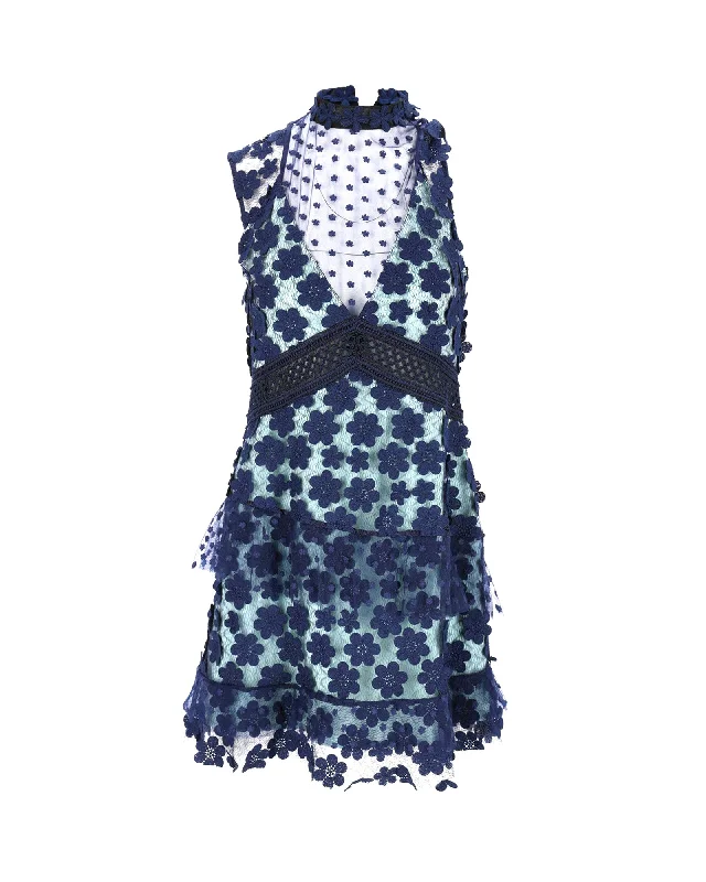 Members Only Self-Portrait Sleeveless Ruffled Dress in Blue Polyester