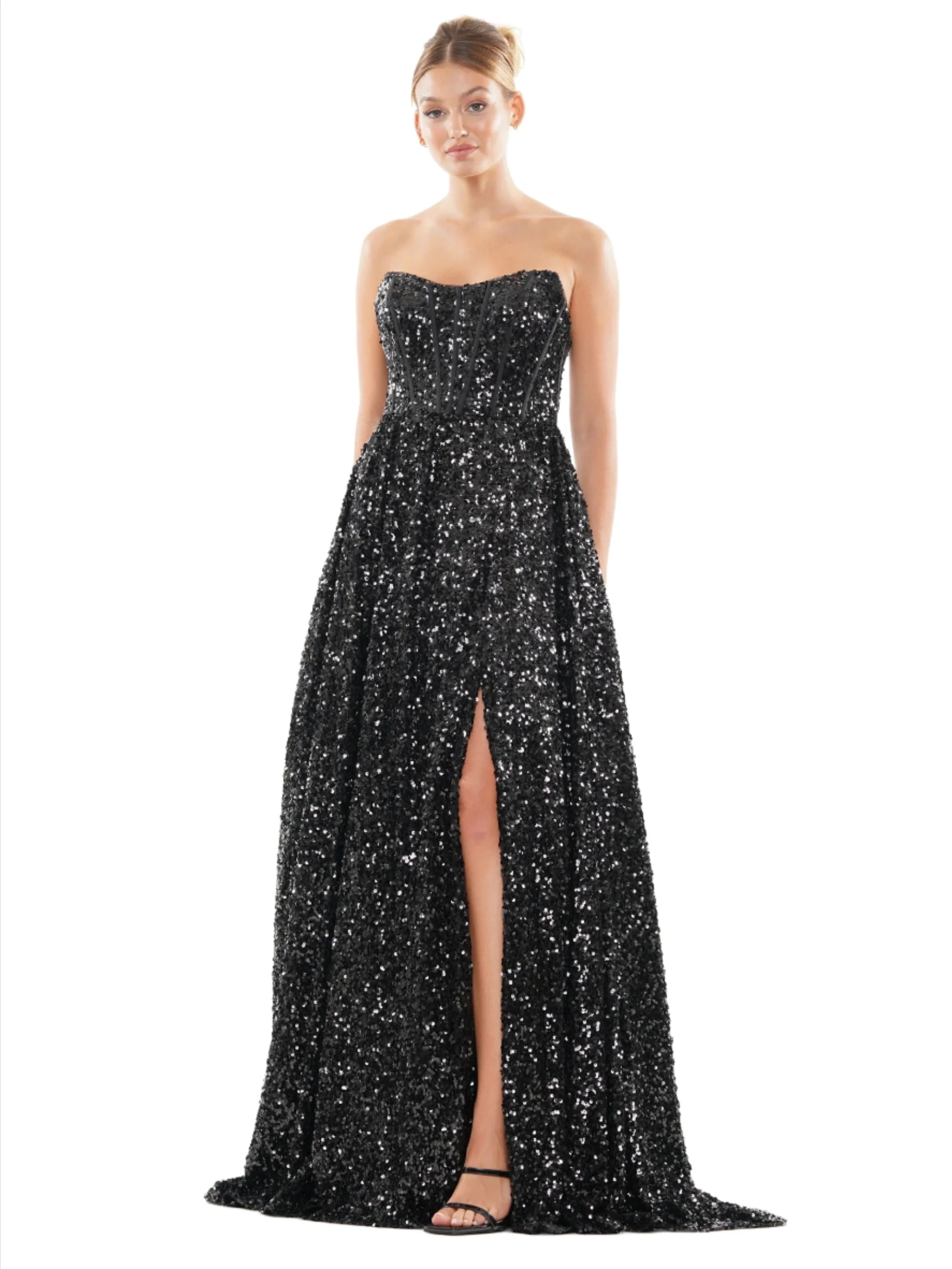 Mega Deal Colors Dress 3229 Size 18 Black Long Sequin Maxi Slit A Line Formal Prom Dress Pageant Corset Strapless