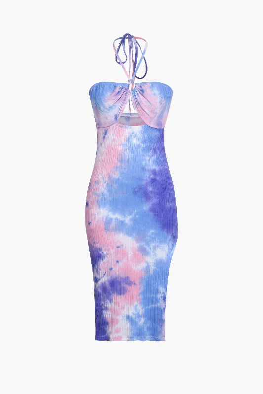 Price Buster Blue Tie Dye Halter Neck Midi Dress