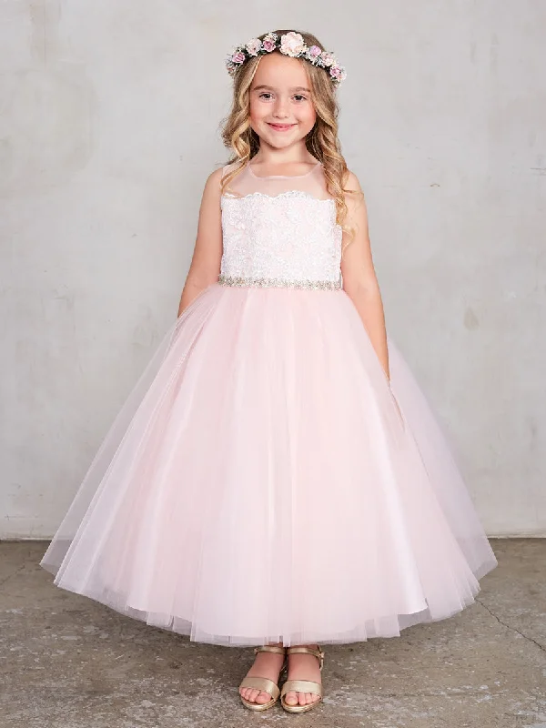 Bargain Bin 5805 Size 4 Blush Girls Tea Length Lace Flower Girl Dress Tulle Skirt Sheer Neckline Bargain Bin 5805 Size 4 Blush Girls Tea Length Lace Flower Girl Dress Tulle Skirt Sheer Neckline