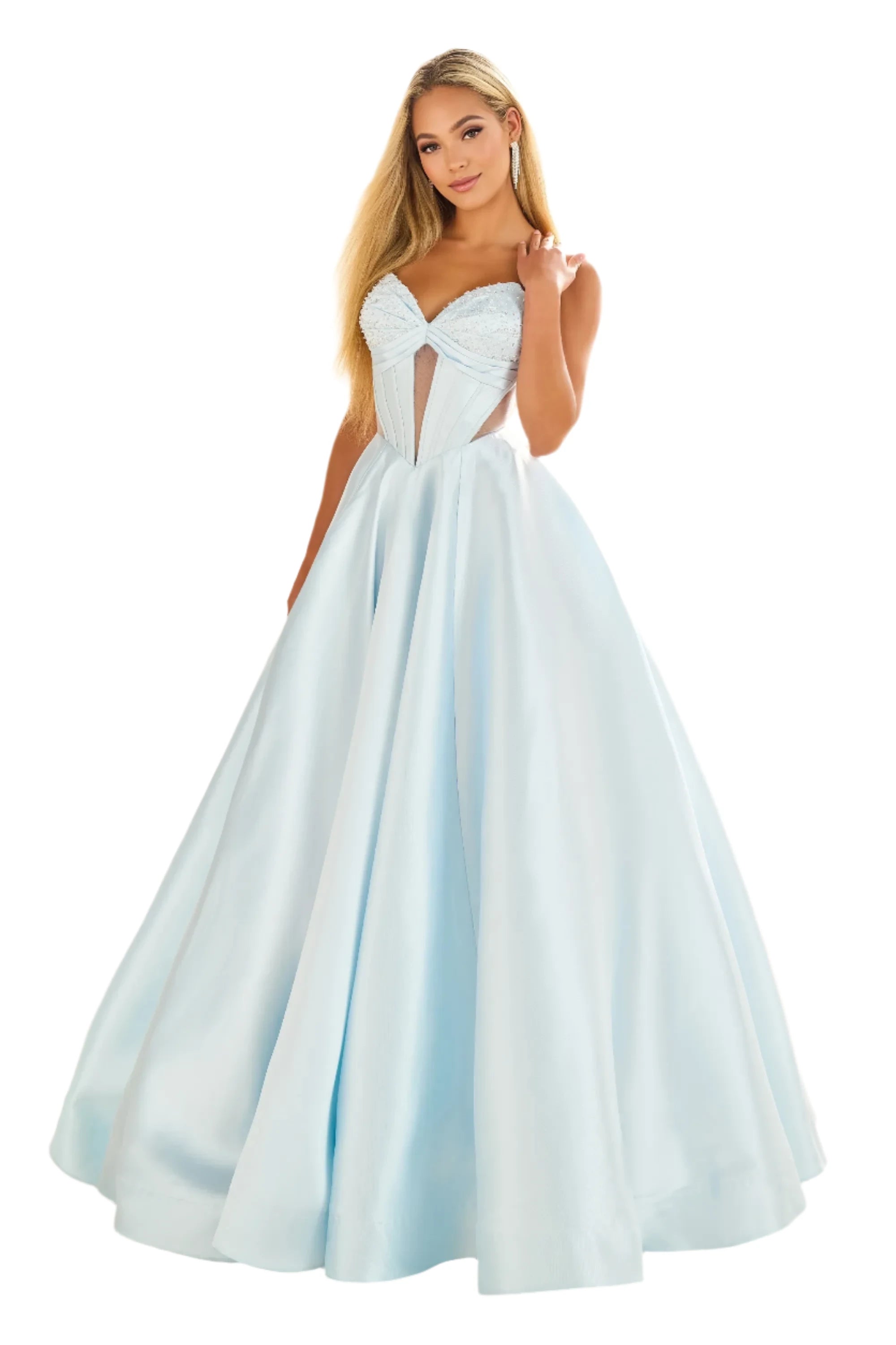 Super Deal Ellie Wilde EW36025 Size 0 Ice Blue A Line Sheer Ballgown Prom Dress Pageant Pockets Cut Out Gown Corset