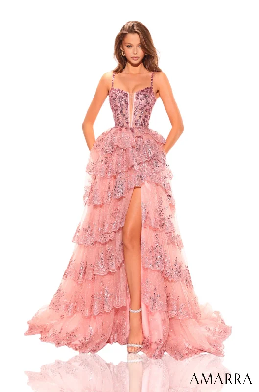 Loyalty Reward Amarra 88745 Size 8 Rose Gold Prom Dress Sequin Layer Maxi Slit Sheer Corset A Line Pageant Gown Formal