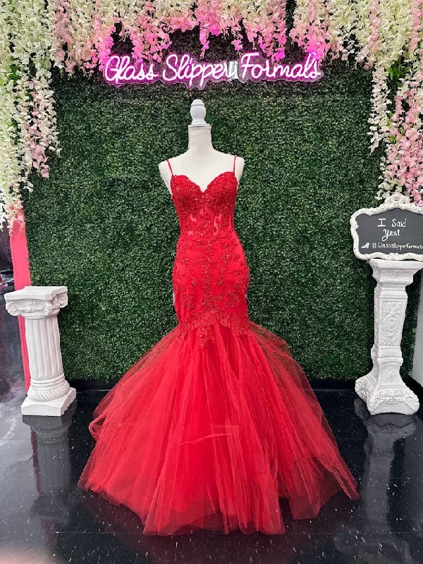 Clearance Event Candice Wang 72321 Size 4 Red Fitted Lace Mermaid Prom Dress Sheer Corset Cut Out Back Evening Gown