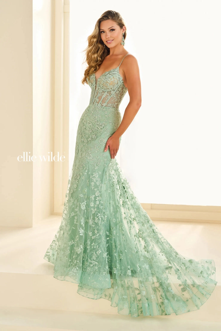 Online Only Ellie Wilde EW36008 Size 0 Sage Long Lace Mermaid Corset Prom Dress Formal Evening Gown V Neck Train