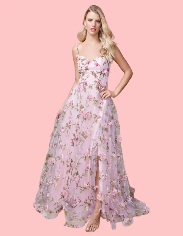 Quick Sale Nina Canacci 9150 Size 0, 4 Pink A Line Floral Maxi Slit Prom Dress 3D Formal Gown Print V Neck Evening