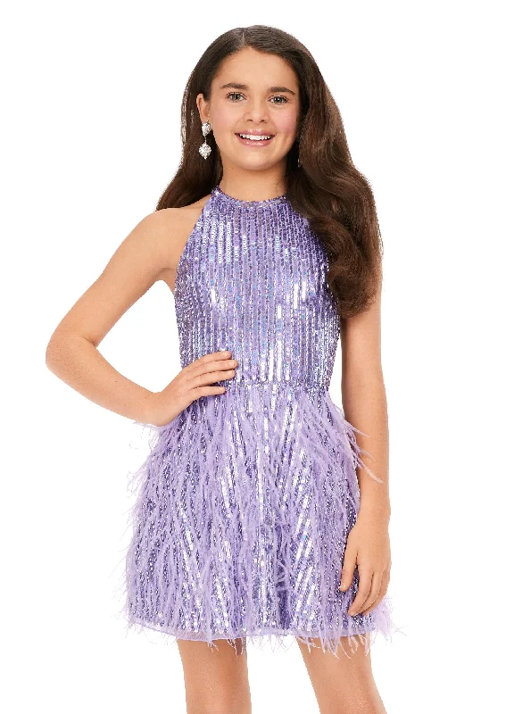 Special Offer Ashley Lauren Kids 8196 Fully Beaded Girls Cocktail Dress Halter Top With Feather A-Line Skirt