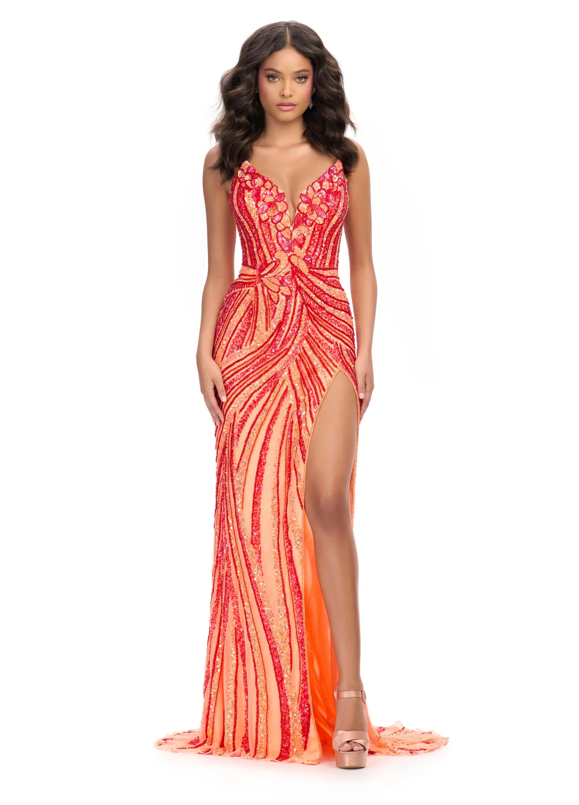 Hurry In Ashley Lauren 11236 Size 00,0,2,4,6,8,10,14 Red Coral Long Fitted V Neck Slit Beaded Sequin Prom Dress Pageant Gown