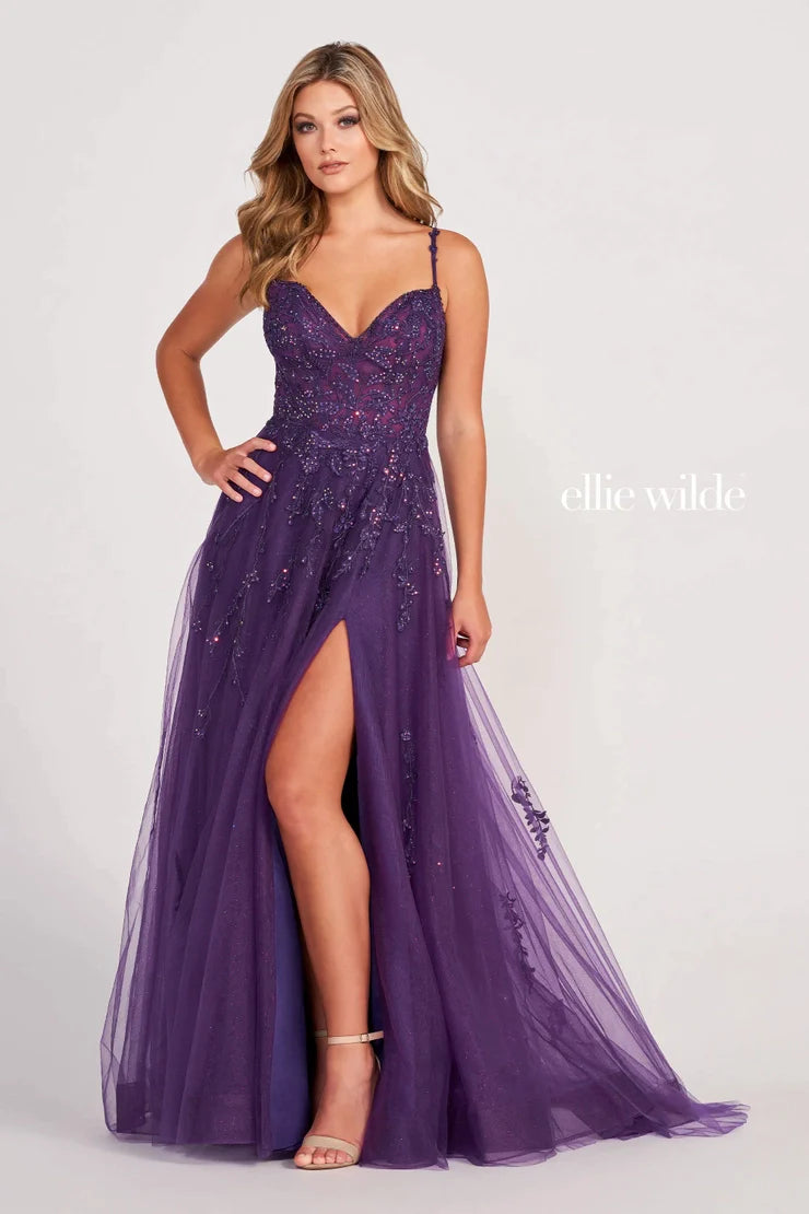 TIME-Limited Offer Ellie Wilde EW34116 Size 24 Purple Sheer Lace Shimmer A line Prom Dress Maxi Slit Formal Gown