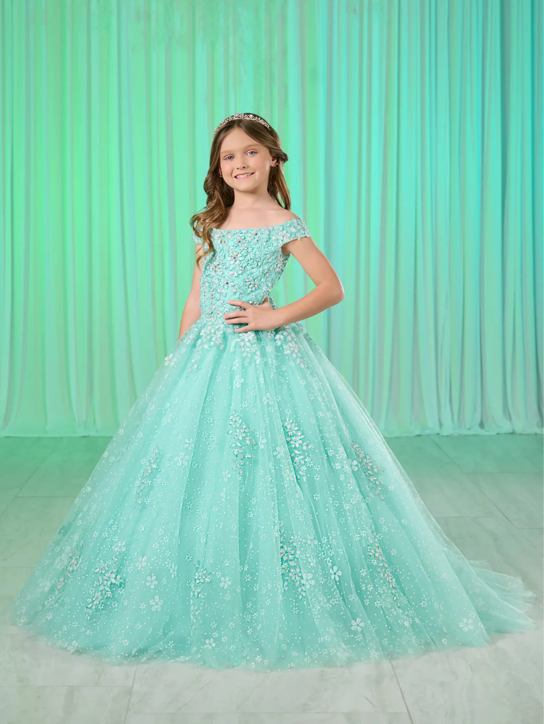 Price Slash Tiffany Princess 13768 Size 4 Aqua Girls Shimmer Lace Pageant Dress off the Shoulder Corset Formal Gown