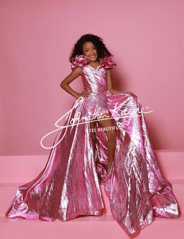 Early Access Sugar Kayne C364 Size 4 ROSE Girls Pageant Crystal Romper Metallic Ruffle Shoulders Overskirt Formal
