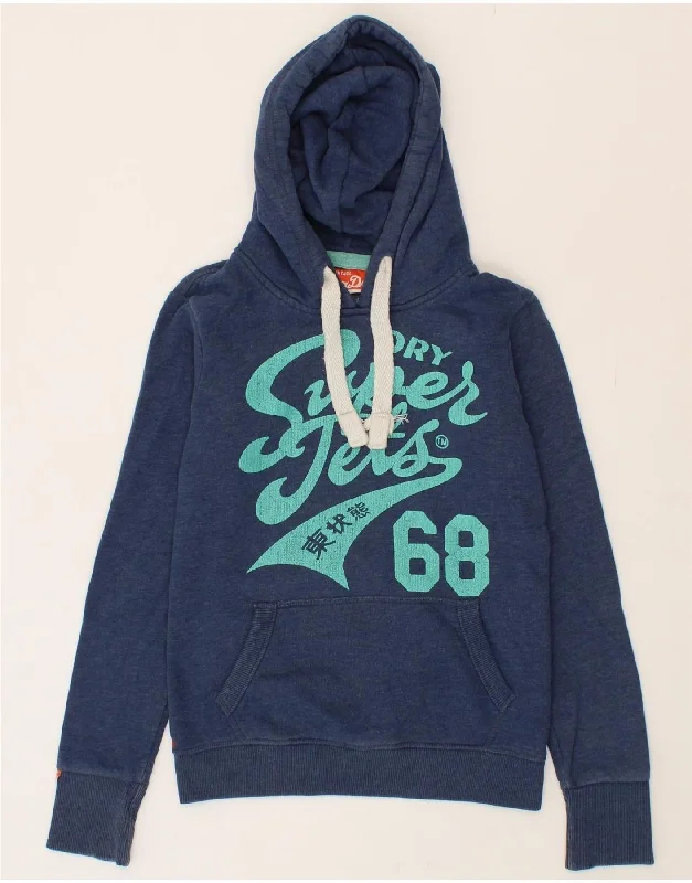 Weekend Special SUPERDRY Womens Graphic Hoodie Jumper UK 6 XS Navy Blue Cotton