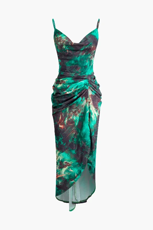 Great Deals Abstract Print Spaghetti Strap Ruched Side Slit Midi Dress