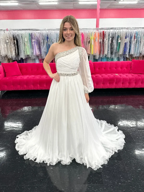 Final Markdown Samantha Blake 1014 Size 10 White Long Sleeve Pageant Dress One Shoulder Chiffon Crystal Bodice