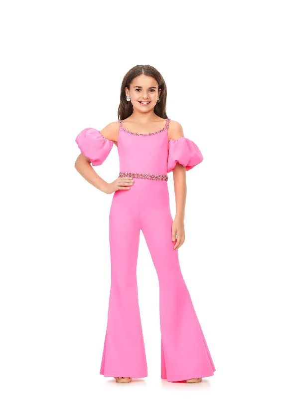 The Best Prices Ashley Lauren Kids 8164 Girls jUMPSUIT Off the Shoulder Scuba Puff Sleeves