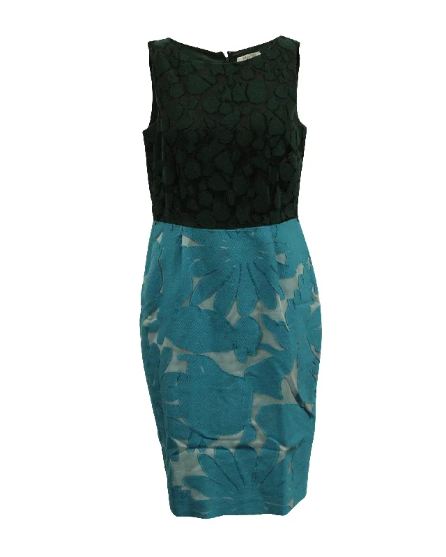 Midnight Madness Max Mara Floral Color Block Midi Dress in Black and Blue Cotton