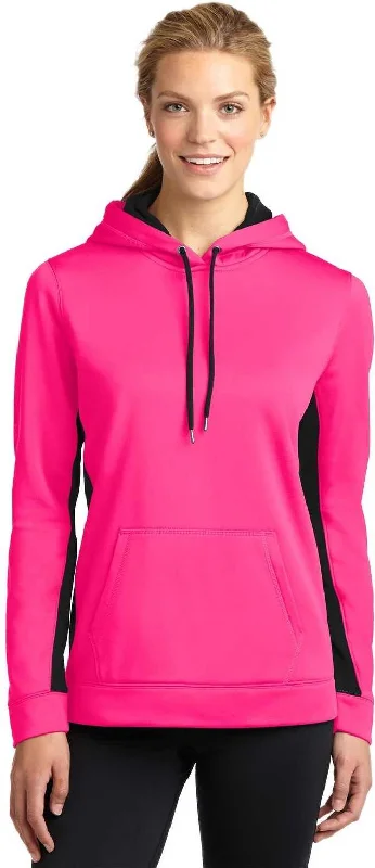 Savings Alert Sport-Tek LST235 Ladies Sport-Wick Fleece Colorblock Hooded Pullover - Neon Pink Black