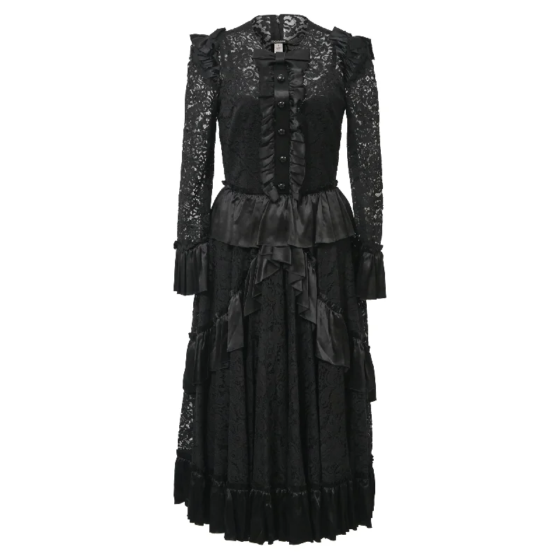 YEAR-End Sale Dolce & Gabbana Bow Detail Ruffle Trimmed Lace Midi Dress in Black Polyamide