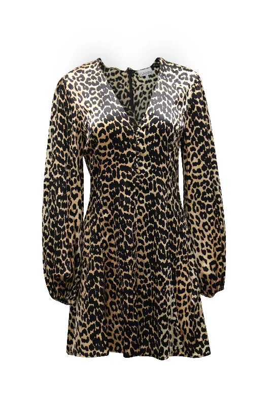 Deal Zone Ganni Blakely Leopard Print Mini Dress in Brown Silk Blend