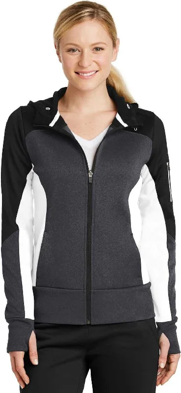 Instant Discount Sport-Tek LST245 Ladies Tech Fleece Colorblock Full-Zip Hooded Jacket - Black Graphite Heather White