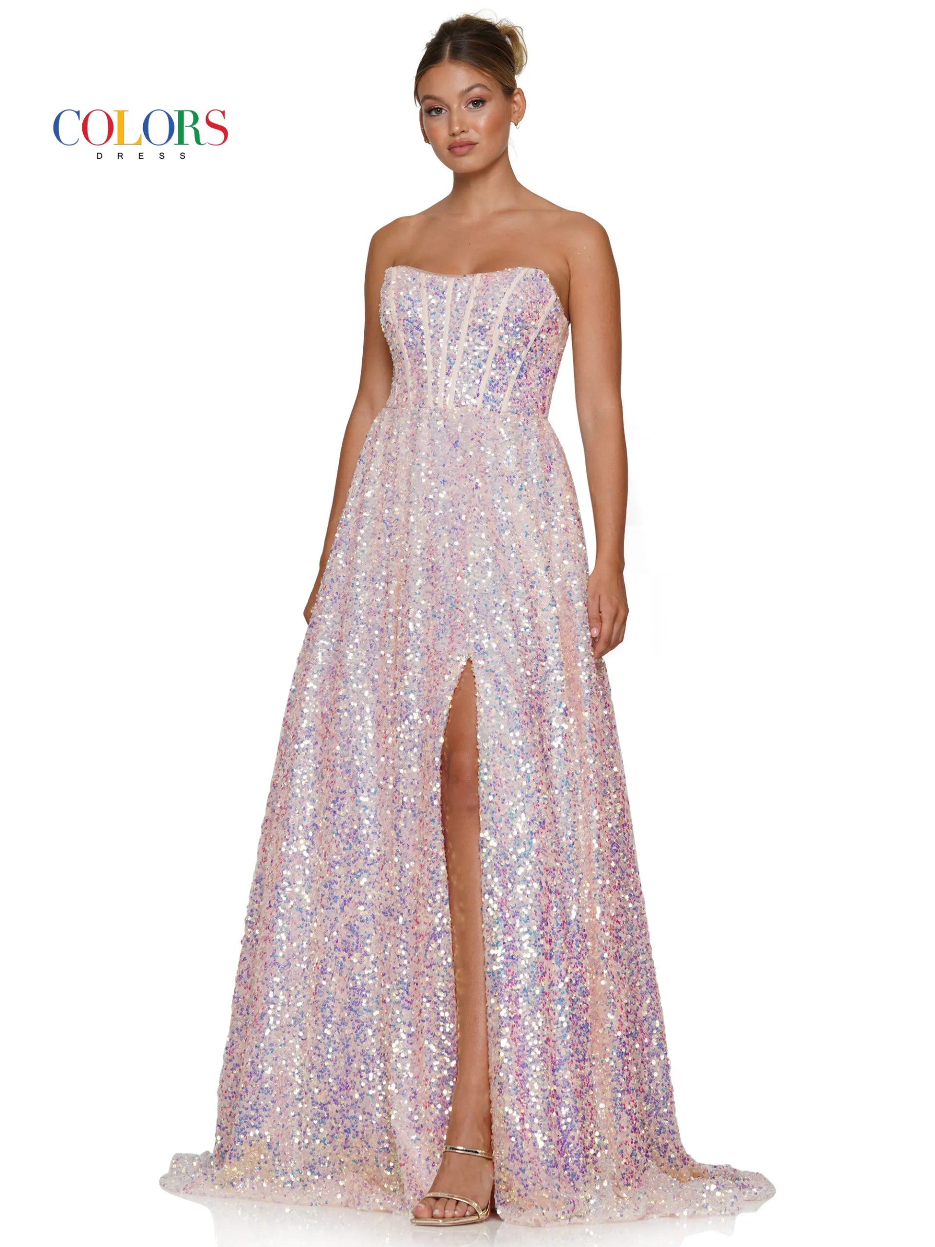 Super Sale Colors Dress 3229 Size 14 Blush Long Sequin Maxi Slit A Line Formal Prom Dress Pageant Corset Strapless