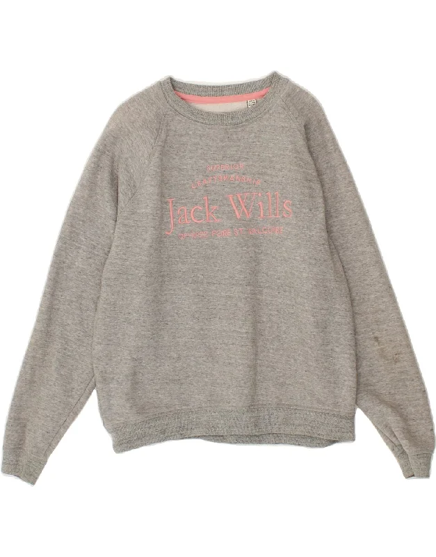 Shop and Save JACK WILLS Womens Graphic Sweatshirt Jumper UK 14 Large  Grey Cotton